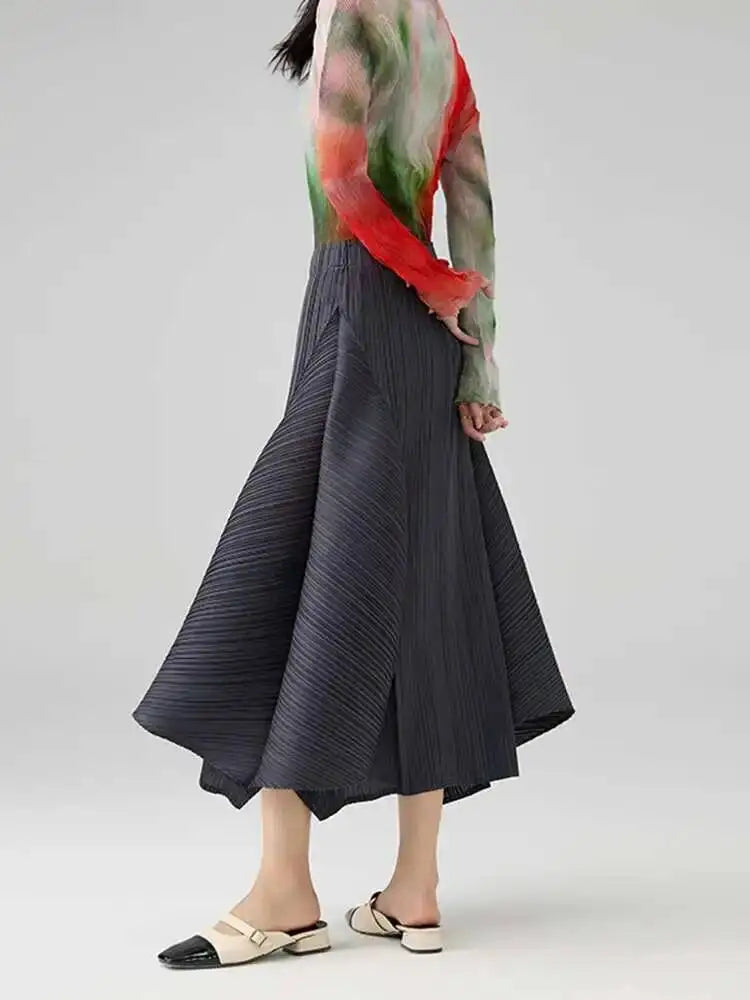 High Waisted Pleated Midi Skirt A Line Flared Skirt Accordion Pleats Full Length Flowy Casual Office Workwear