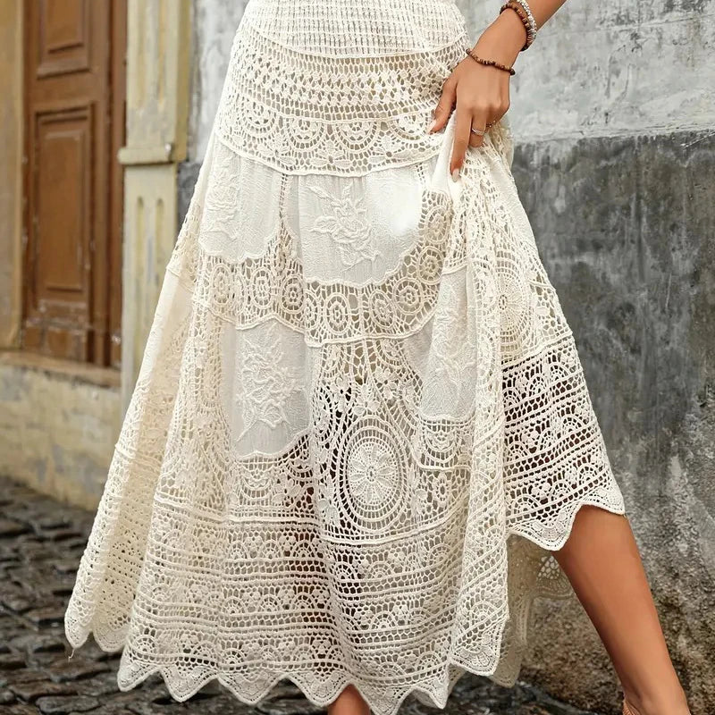 High Waisted Boho Maxi Skirt Crochet Lace Long Tiered Skirt A-Line Flowing Beach Vacation Festival Skirt