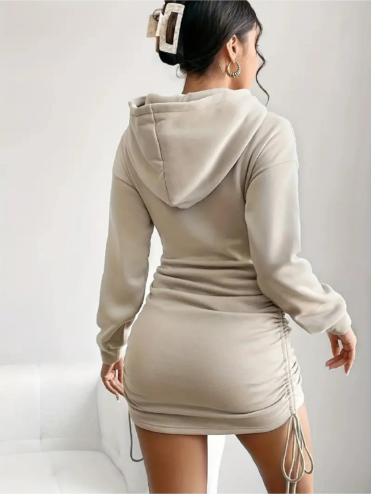 Hoodie Mini Dress – Long Sleeve Hooded Dress with Drawstring Ruched Skirt, Fitted Silhouette and Casual Graphic Detail for Everyday Wear