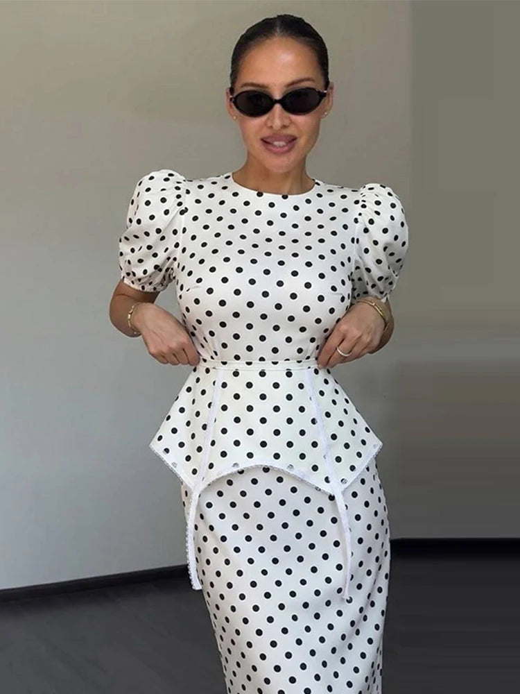 Polka Dot Midi Dress – Puff Sleeve Fit and Flare Dress with Peplum Waist Detail, Round Neck and Flared Skirt for Women