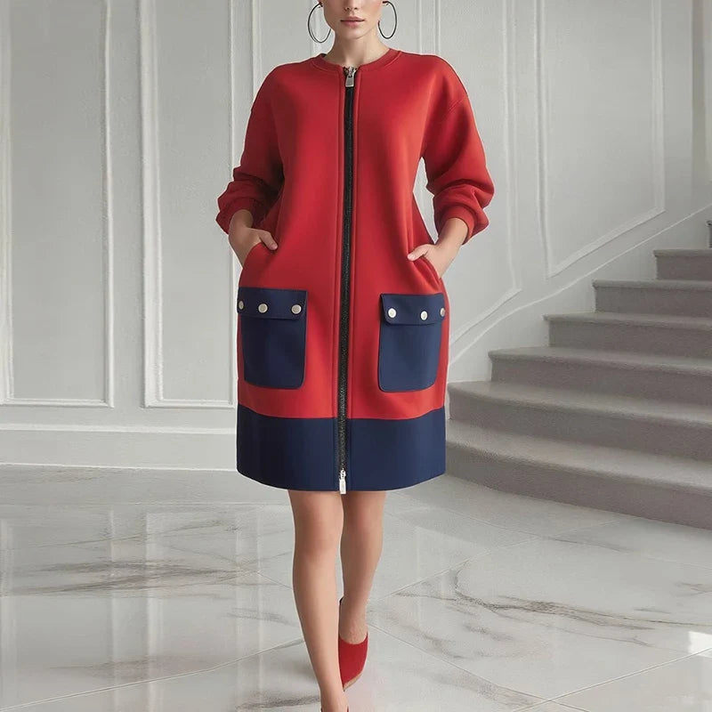 Zip Up Coat Dress – Long Sleeve Mini Dress with Stand Collar, Contrast Patch Pockets and Structured A-Line Silhouette for Fall & Winter
