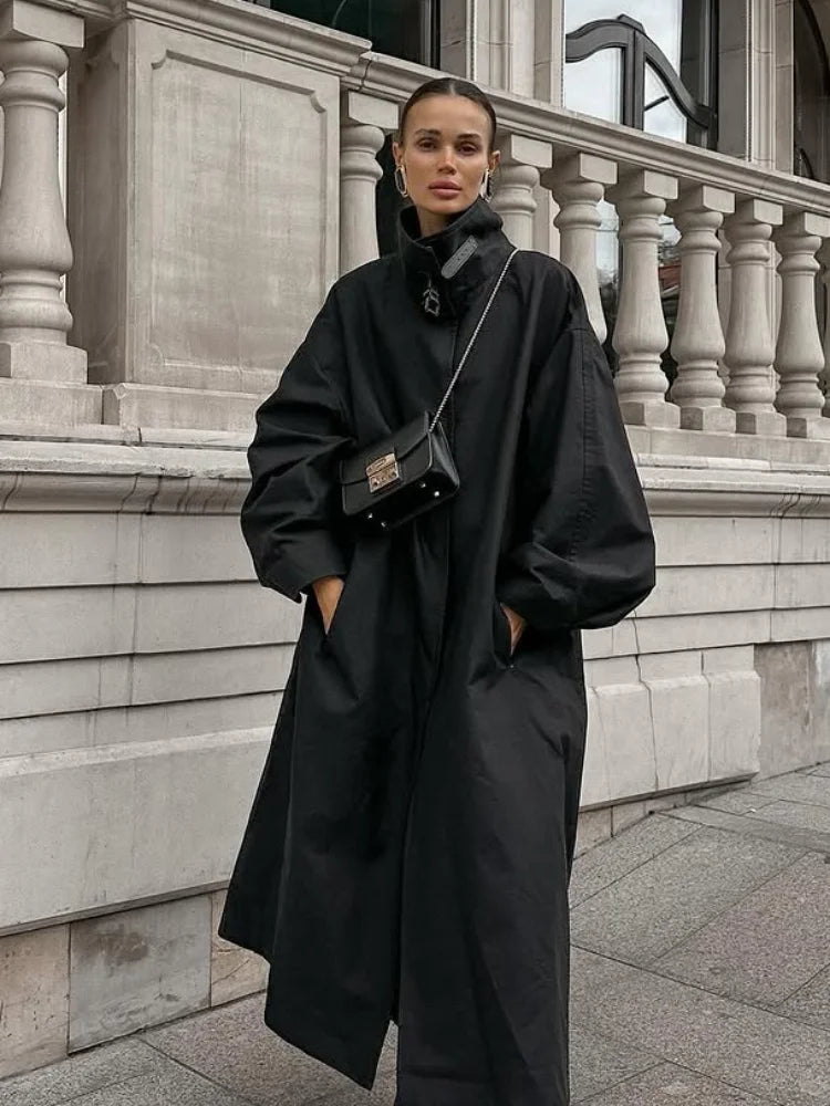 Longline Cape Coat, High Neck Button-Up Coat with Draped Cape Sleeves and Relaxed Fit, Elegant Minimalist Winter Outerwear