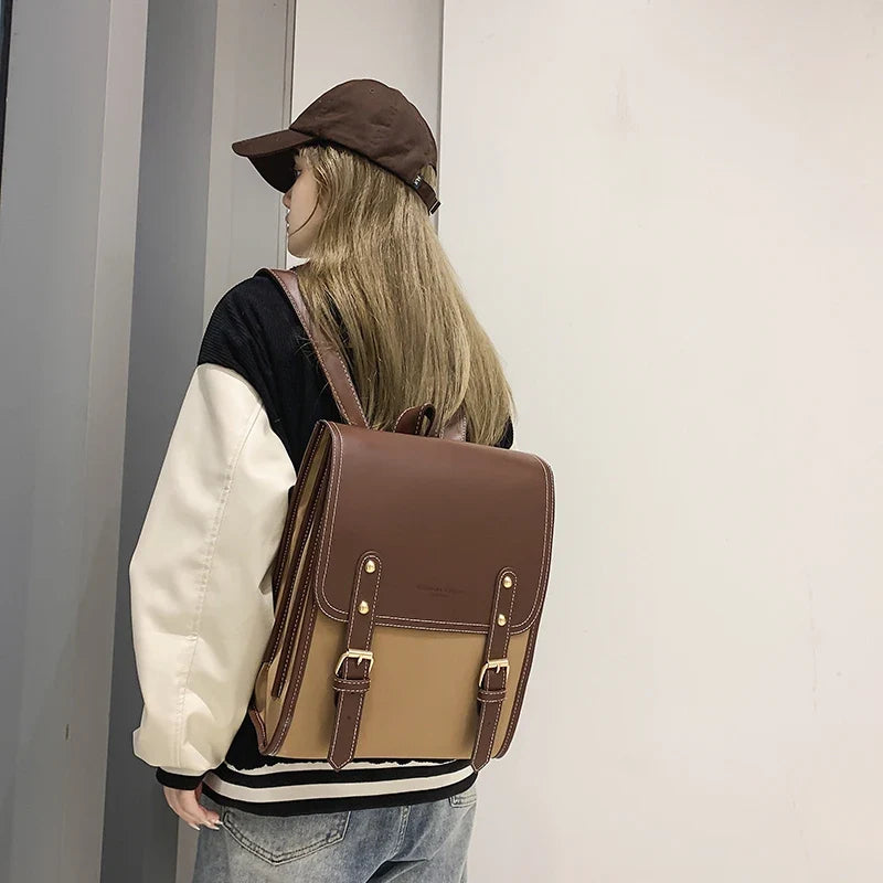 Vintage Satchel Backpack, Structured Leather-Look School Bag, Mini Flap Backpack with Adjustable Straps & Buckle Details for College & Travel