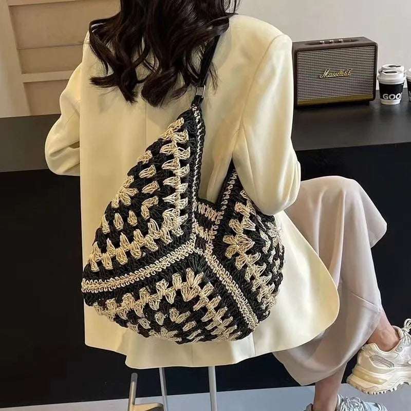 Crochet Hobo Shoulder Bag, Boho Woven Handbag with Geometric Pattern, Slouchy Casual Tote Purse for Beach, Travel & Everyday Use