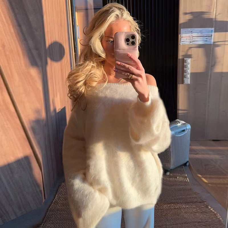 Off Shoulder Fuzzy Knit Sweater, Soft Boat Neck Pullover with Relaxed Fit and Long Sleeves, Chic Cozy Fall Winter Knitwear