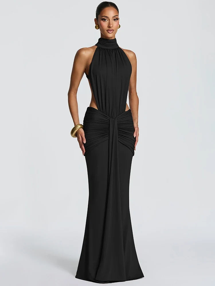 Halter Neck Maxi Dress – Sleeveless Bodycon Gown with Draped Waist Detail and Flared Floor-Length Skirt for Weddings & Evening Events
