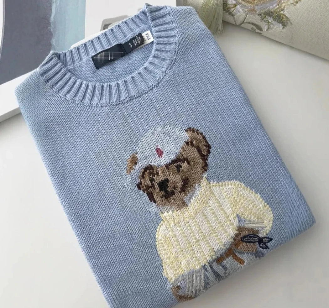 Bear Embroidered Knit Sweater, Cute Crewneck Pullover with Character Motif and Ribbed Trim, Cozy Casual Winter Knitwear