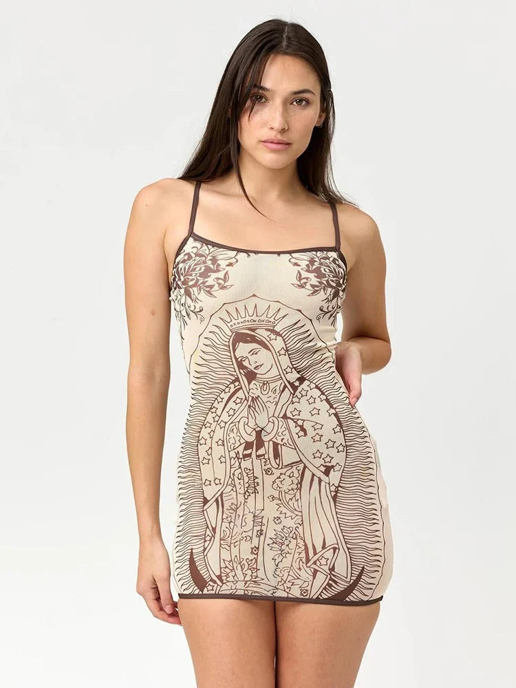 Vintage Print Mini Dress – Spaghetti Strap Bodycon Dress with Ruched Waist, Draped Front Detail and Fitted Silhouette for Date Nights & Parties