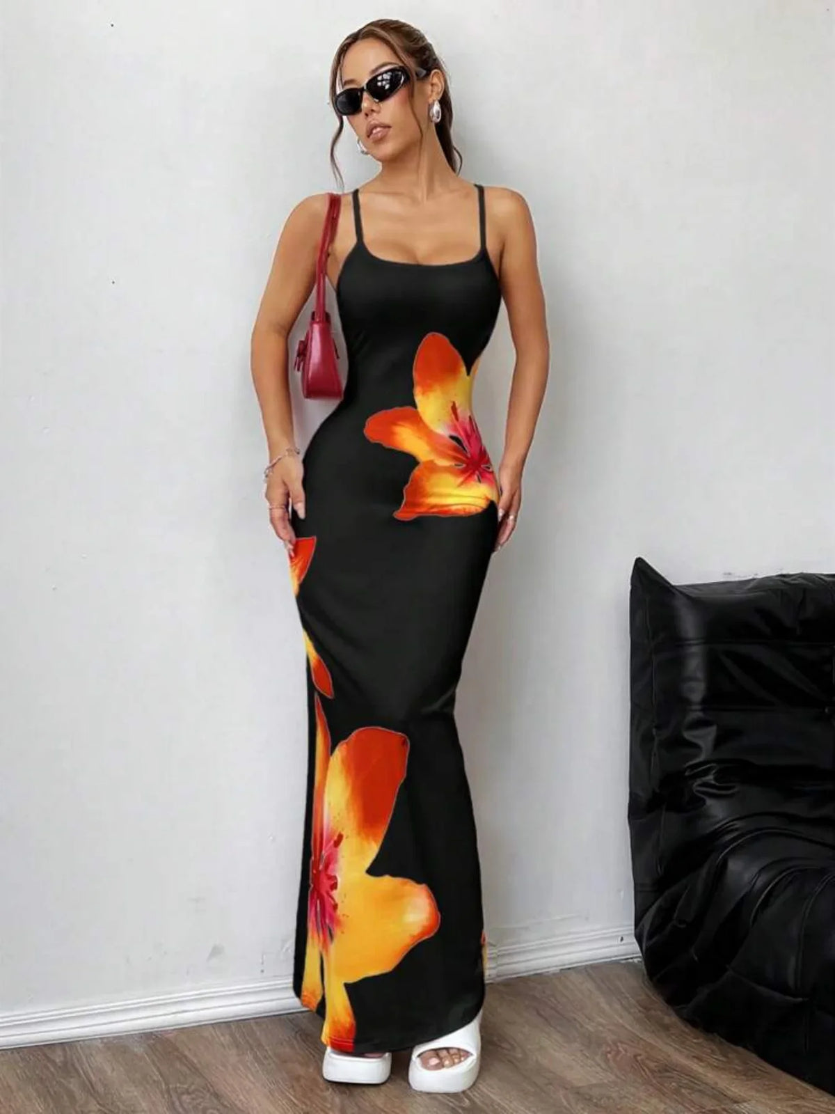 Floral Maxi Dress – Spaghetti Strap Bodycon Dress with Scoop Neck, Side Slit and Statement Floral Print for Vacations, Parties & Date Nights