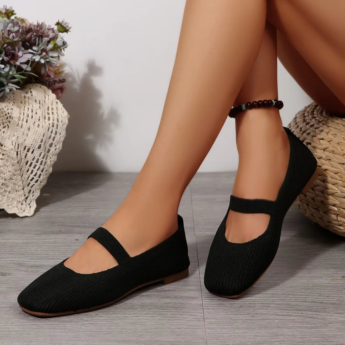 Mary Jane Knit Flats | Round Toe Ballet Shoes | Textured Slip-On Strap Flats for Everyday Wear