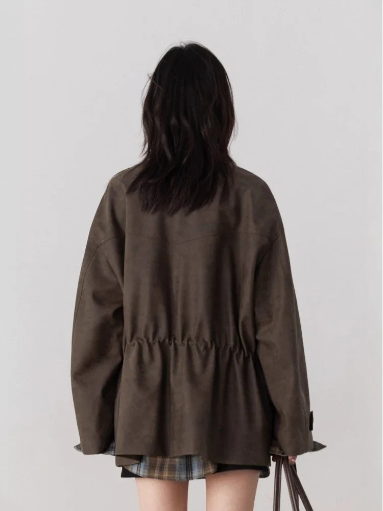 Oversized Suede Jacket, Button-Up Utility Jacket with Stand Collar and Flap Pockets, Relaxed Fit Vintage-Inspired Casual Outerwear