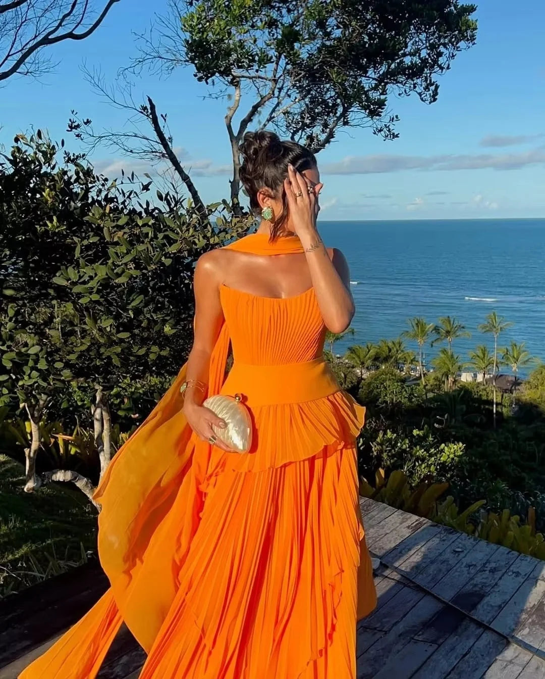 Pleated Maxi Evening Dress – Sleeveless Gown with Draped Neck Scarf, Structured Bodice, Tiered Ruffle Skirt and Elegant Flowing Silhouette