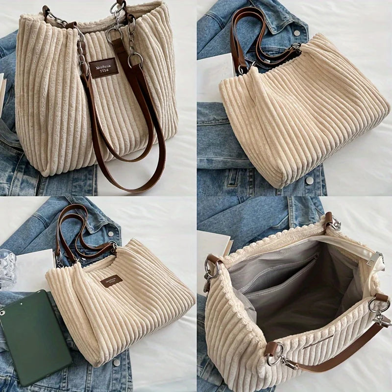 Ribbed Bucket Tote Bag, Casual Shoulder Handbag with Drawstring Closure, Spacious Slouchy Purse with Front Pocket for Shopping & Everyday Use