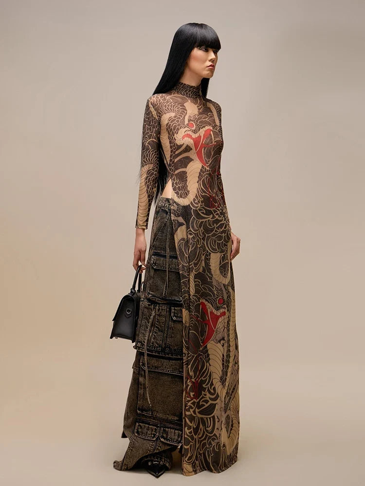 Artistic Print Maxi Dress – Long Sleeve High Neck Bodycon Gown with Full-Length Silhouette and Intricate Pattern for Evening Events & Parties