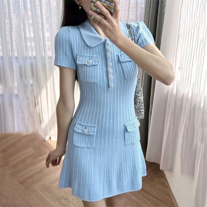 Ribbed Mini Dress – Collared Short Sleeve Dress with Button Front, Patch Pockets and Flared A-Line Skirt for Casual & Everyday Wear