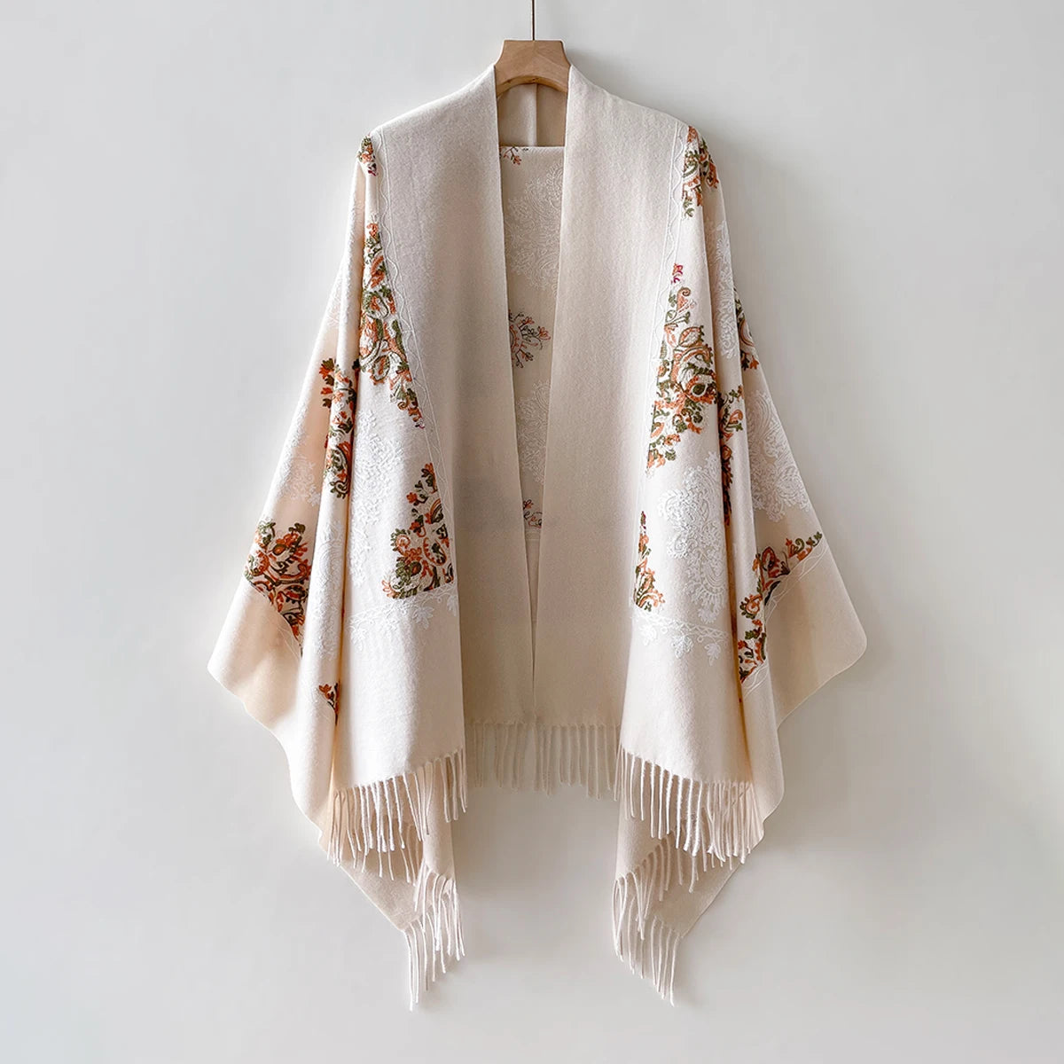 Women's Floral Print Kimono Shawl, Open Front Wrap with Fringed Hem, Elegant Embroidered Look Poncho for Women