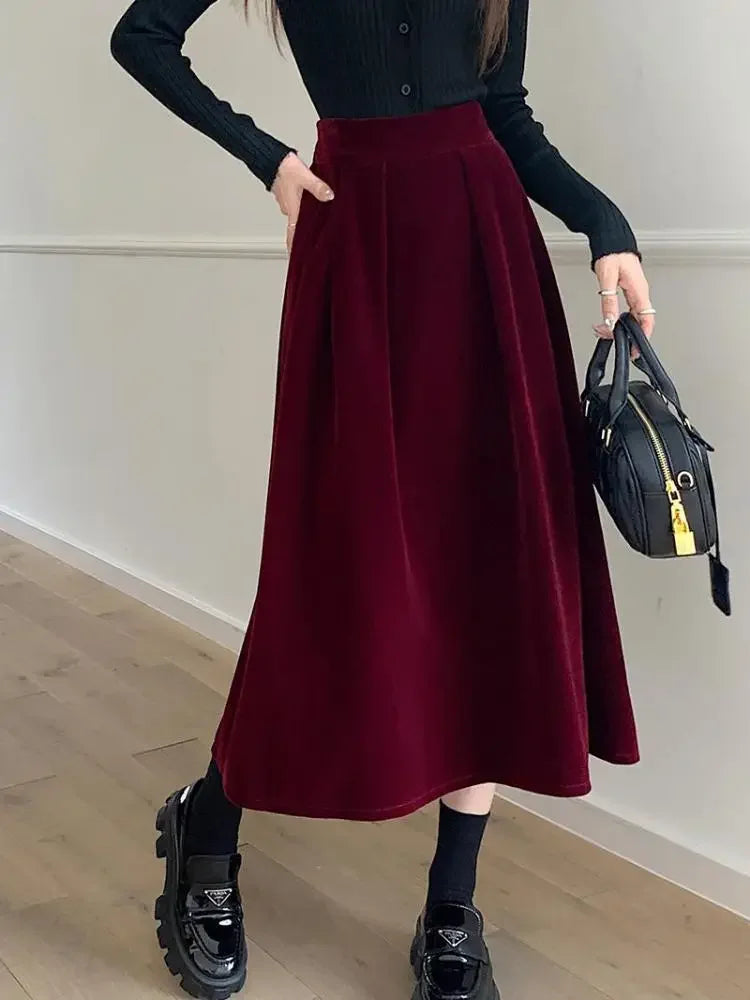 High Waisted A Line Midi Skirt Flared Pleated Long Skirt Elastic Waist Elegant Casual Office Party Winter Bottomwear