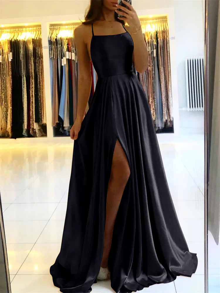Satin Evening Gown – Strapless A-Line Maxi Dress with Pleated Skirt and High Slit for Weddings, Galas, Prom & Formal Events