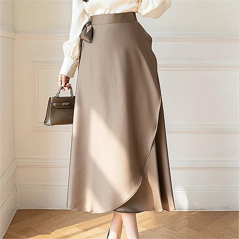 High Waisted Wrap Midi Skirt Asymmetrical Draped Skirt Satin Look Side Slit A Line Elegant Party Evening Wear