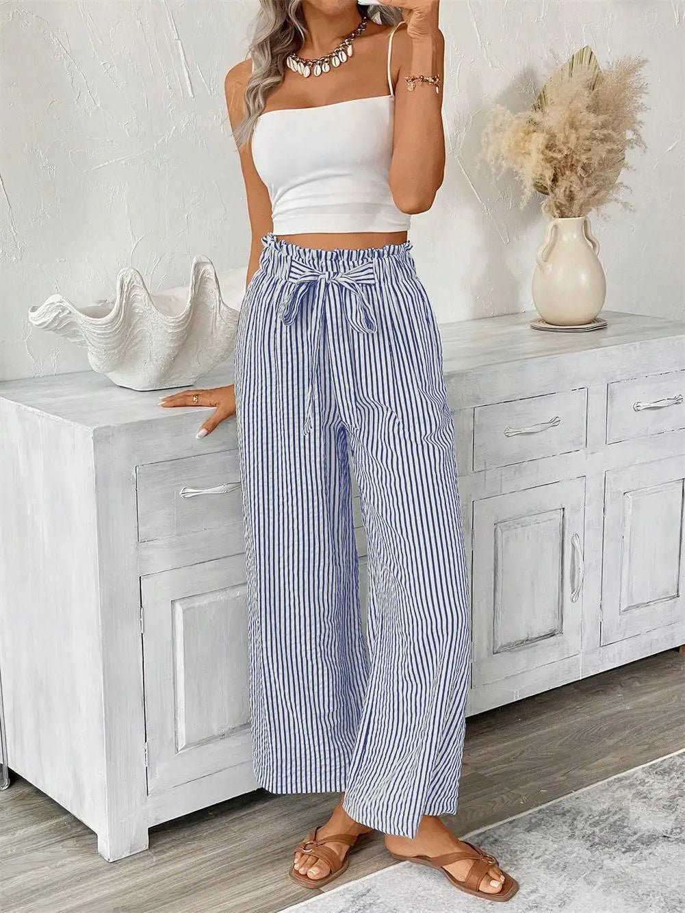 High Waisted Wide Leg Pants Chevron Print Drawstring Trousers Relaxed Fit Flowing Casual Boho Lounge Bottoms