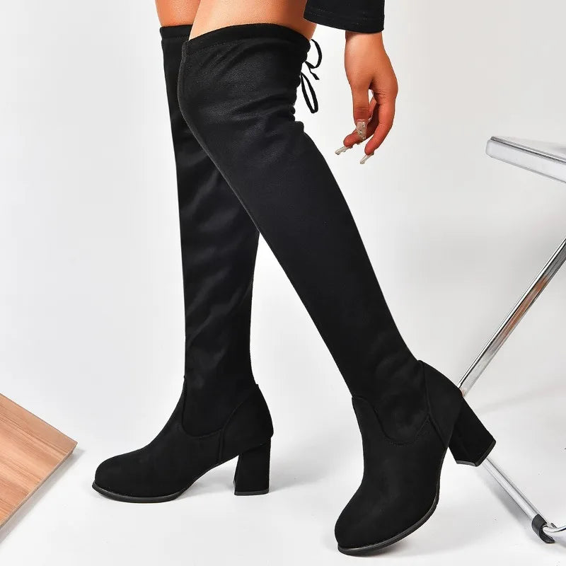Over The Knee Boots | Chunky Block Heel Tall Boots | Lace-Up Back Thigh High Fashion Boots