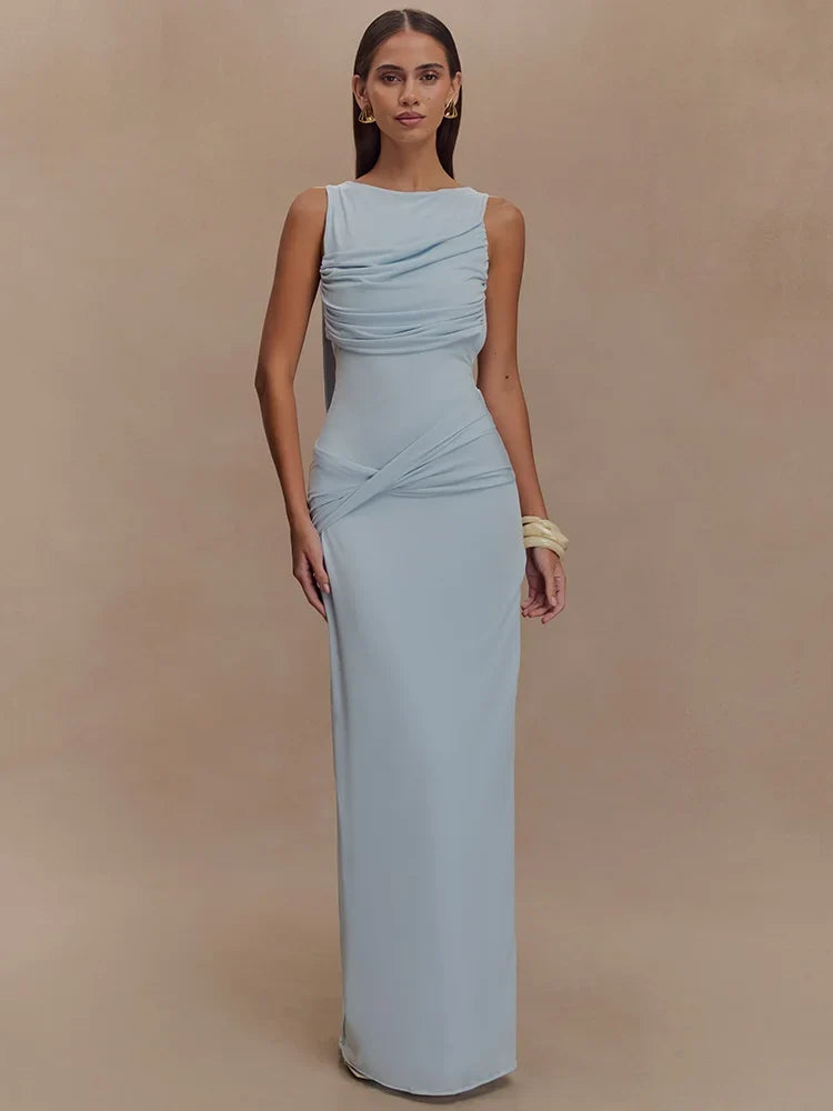 Ruched Column Maxi Dress – Sleeveless Scoop Neck Bodycon Dress with Draped Bodice and Side Slit for Weddings, Galas & Evening Events