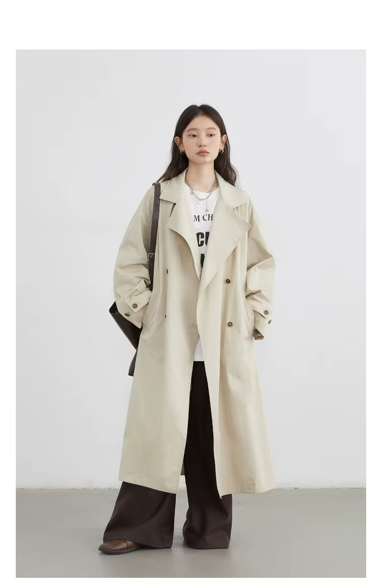 Classic Double-Breasted Trench Coat, Longline Coat with Wide Lapels and Adjustable Cuffs, Elegant Minimalist Transitional Outerwear