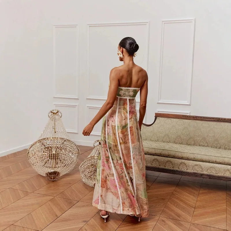 Strapless Crop Top & Maxi Skirt Co-Ord Set with Mini Shorts | Printed Three Piece Layered Outfit | Chic Vacation & Resort Matching Set