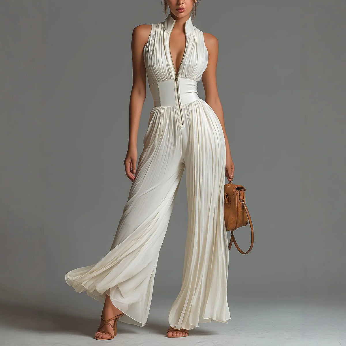 Pleated Wide Leg Jumpsuit – Sleeveless Halter Neck Jumpsuit with Deep V Neckline, Front Zip Closure and Flowing Palazzo Legs