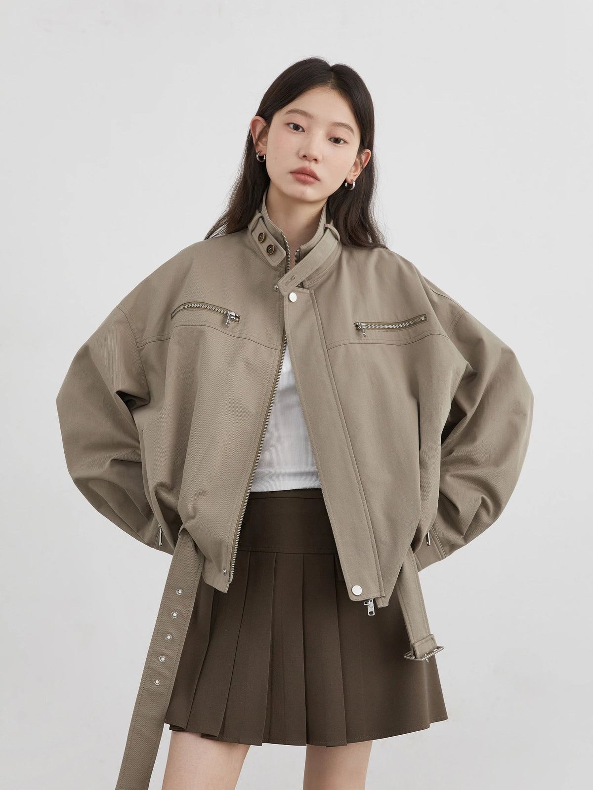 Oversized Utility Jacket, Stand Collar Zip-Up Jacket with Adjustable Waist and Relaxed Fit, Chic Casual Transitional Outerwear