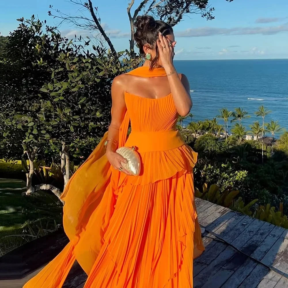 Pleated Maxi Evening Dress – Sleeveless Gown with Draped Neck Scarf, Structured Bodice, Tiered Ruffle Skirt and Elegant Flowing Silhouette