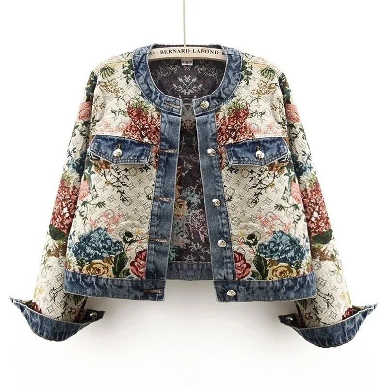 Floral Printed Denim Jacket, Patchwork Button-Up Jacket with Chest Pockets and Turn-Up Cuffs, Vintage-Inspired Casual Outerwear
