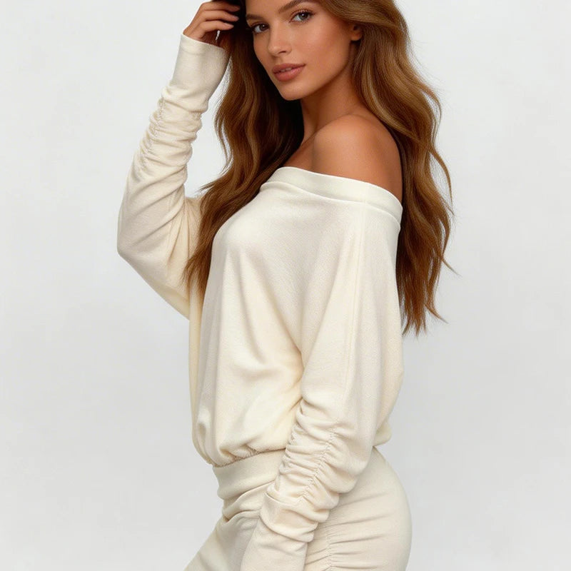 Off Shoulder Mini Dress – Long Sleeve Bodycon Dress with Draped Neckline, Ruched Details and Relaxed Balloon Sleeves
