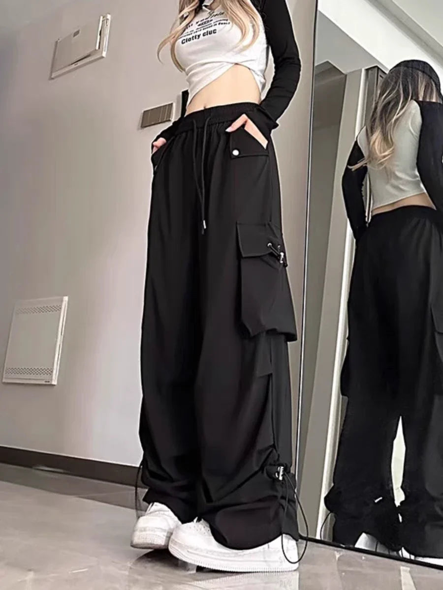 Wide Leg Cargo Parachute Pants High Waist Drawstring Baggy Utility Trousers Streetwear Y2K Casual Pants