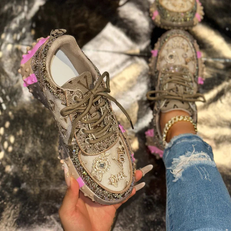 Embroidered orthopaedic Lace-Up Sneakers | Studded Casual Platform Shoes | Vintage Distressed Walking Sneakers