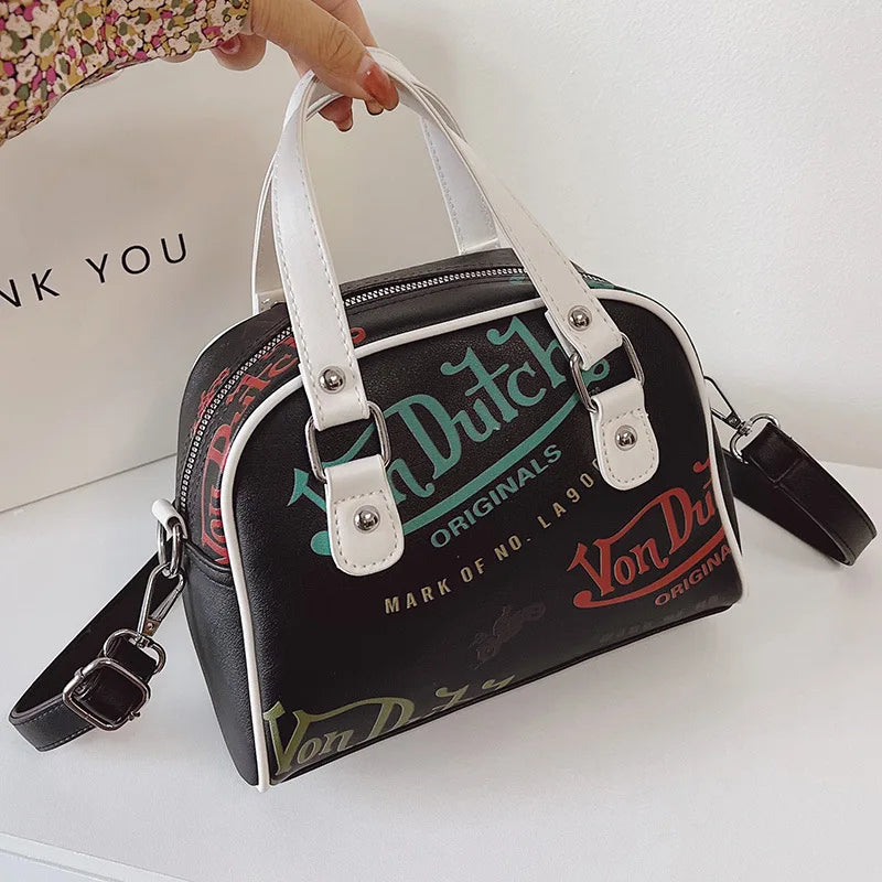 Retro Graphic Boston Bag, Structured Top Handle Duffle Purse with Adjustable Crossbody Strap, Vintage Printed Handbag for Travel & Everyday Use