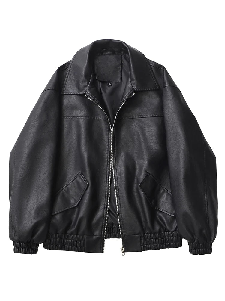 Faux Leather Bomber Jacket, Oversized Zip-Up Jacket with Wide Collar and Elasticated Hem, Minimalist Casual Streetwear Outerwear