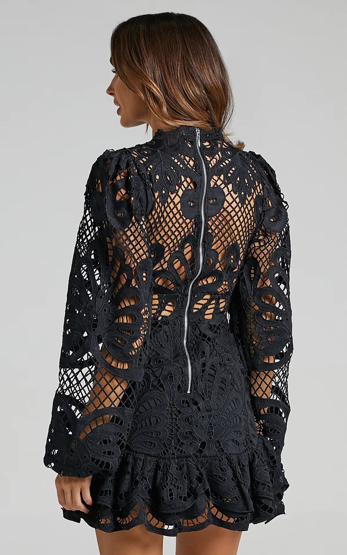 Lace Mini Dress – Long Sleeve Crochet Dress with High Neckline, Intricate Cutout Embroidery, Fitted Waist and Ruffle Hem