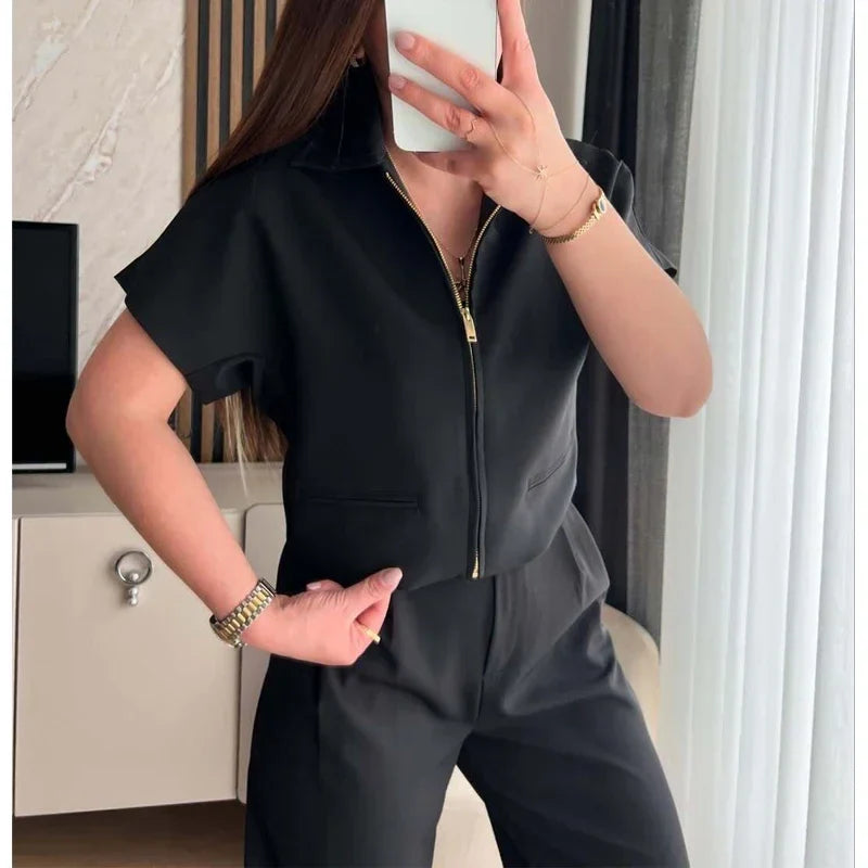 Women's Cropped Zip-Up Jacket, Short Sleeve Collared Jacket, Casual Lightweight Summer Outerwear