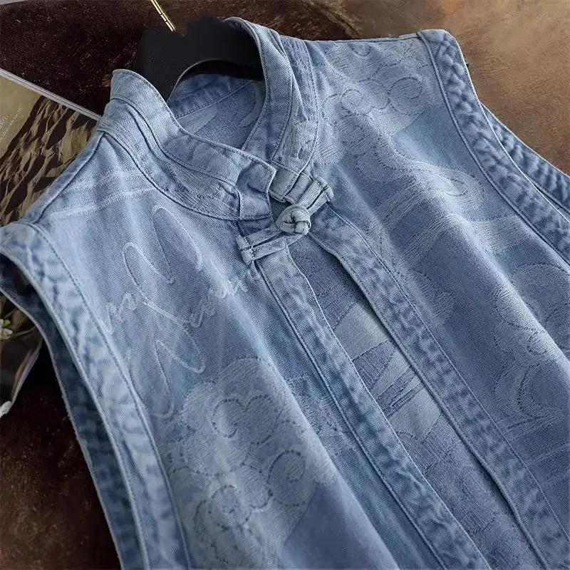Denim A-Line Jacket, Sleeveless Button-Up Peplum Jacket with Flared Hem and Panel Detailing, Casual Spring Summer Outerwear