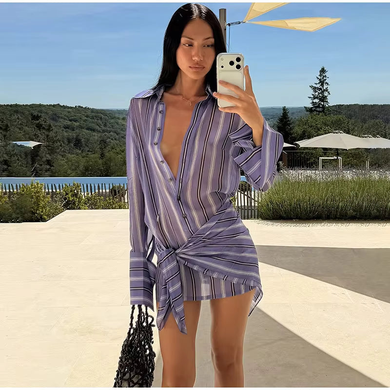 Striped Shirt Mini Dress – Sheer Chiffon Button Down Dress with Turn-Down Collar, Long Sleeves, Waist Tie and Detachable Scarf