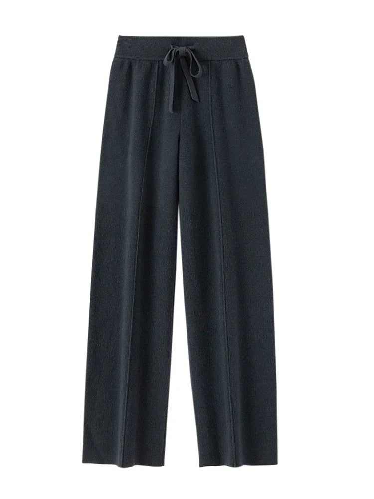 High Waisted Wide Leg Knit Pants Drawstring Relaxed Fit Straight Leg Trousers Soft Stretch Casual Lounge Bottoms