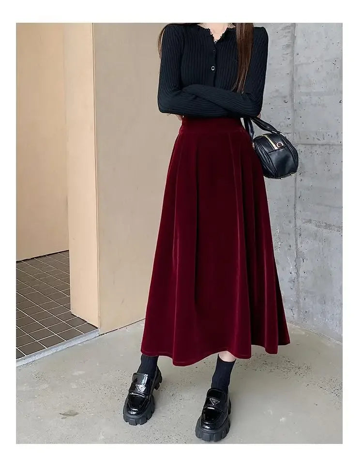High Waisted A Line Midi Skirt Flared Pleated Long Skirt Elastic Waist Elegant Casual Office Party Winter Bottomwear