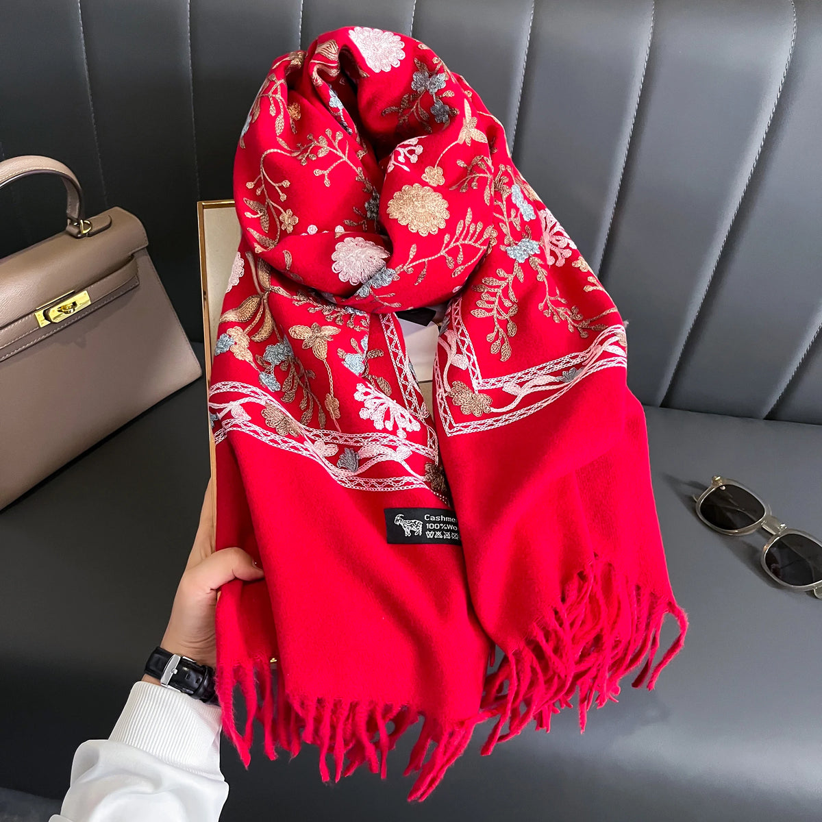 Women's Floral Shawl Wrap, Embroidered Look Botanical Print Scarf with Fringed Ends, Elegant Shoulder Wrap