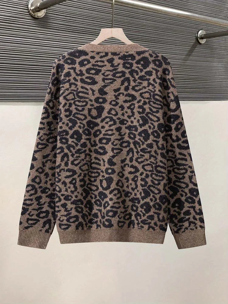 Leopard Print Knit Cardigan, V-Neck Button Front Sweater with Ribbed Trim, Animal Print Cozy Layering Top for Fall Winter