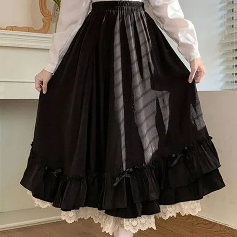 High Waisted Pleated Maxi Skirt Ruffle Hem Long A Line Skirt Layered Gothic Vintage Inspired Full Length Casual