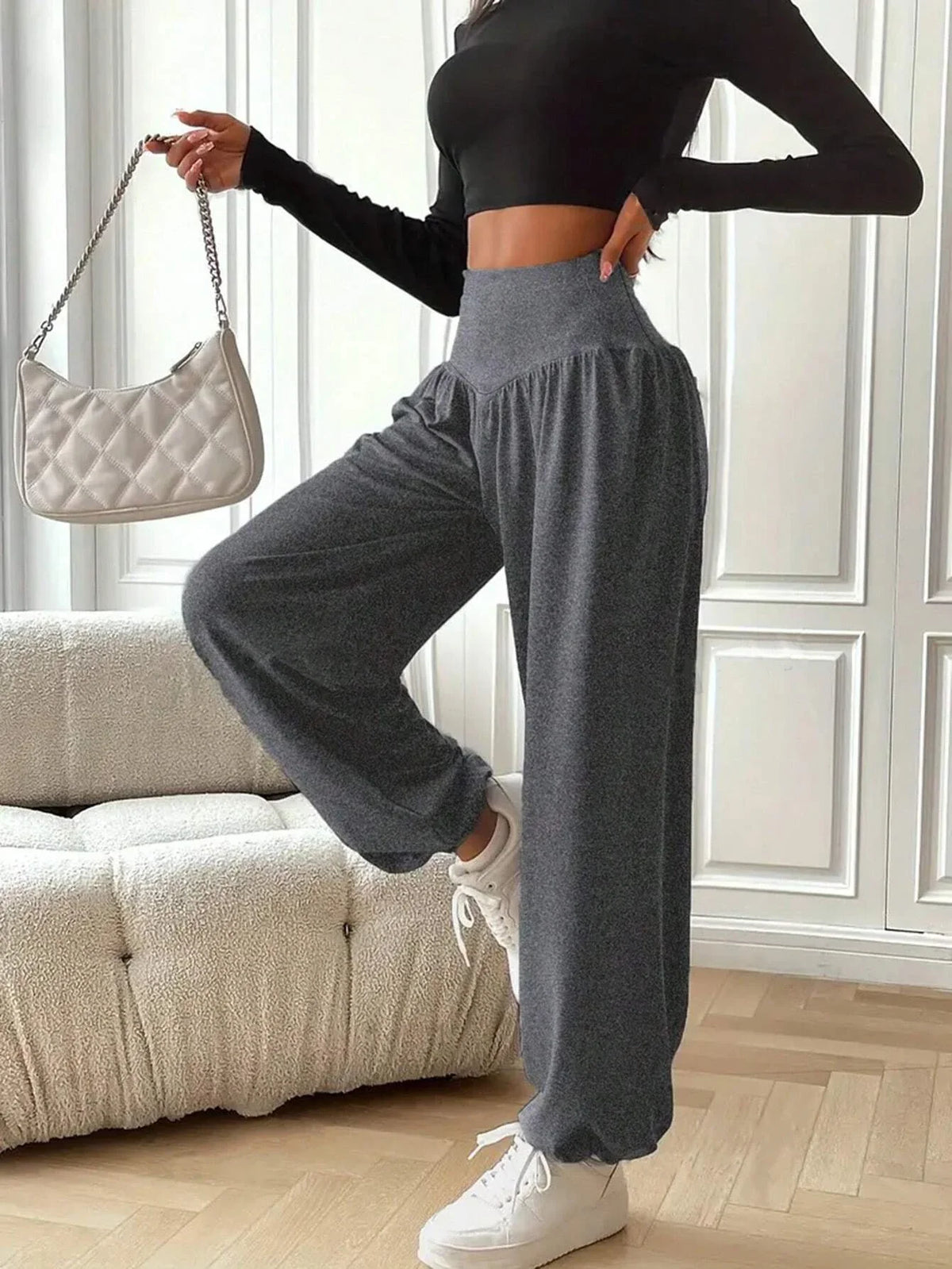 High Waisted Wide Leg Lounge Pants Relaxed Fit Flowing Trousers Elastic Waist Casual Streetwear Jogger Bottoms