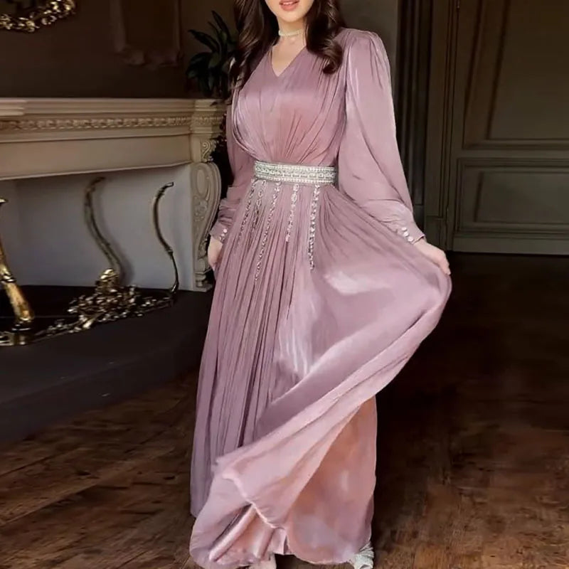 Elegant Maxi Dress – Off Shoulder Long Sleeve Gown with Ruched Bodice, Waist Belt and Flowing Floor-Length Skirt for Weddings & Events