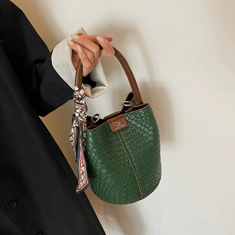 Mini Bucket Handbag, Textured Leather-Look Top Handle Purse with Adjustable Shoulder Strap, Elegant Compact Crossbody Bag for Dates & Everyday Use