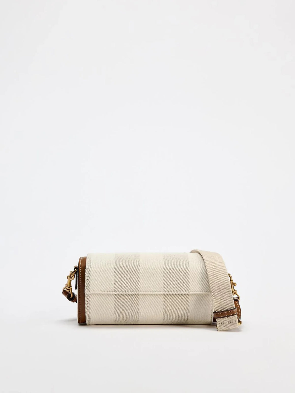 Canvas Crossbody Bag, Beige Shoulder Purse with Brown Leather Trim, Adjustable Strap, Minimalist Flap Handbag for Travel & Everyday Use